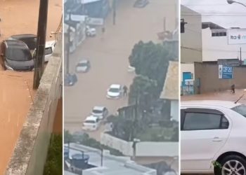 Forte chuva alaga ruas de Itaperuna e arrasta carros e caçamba